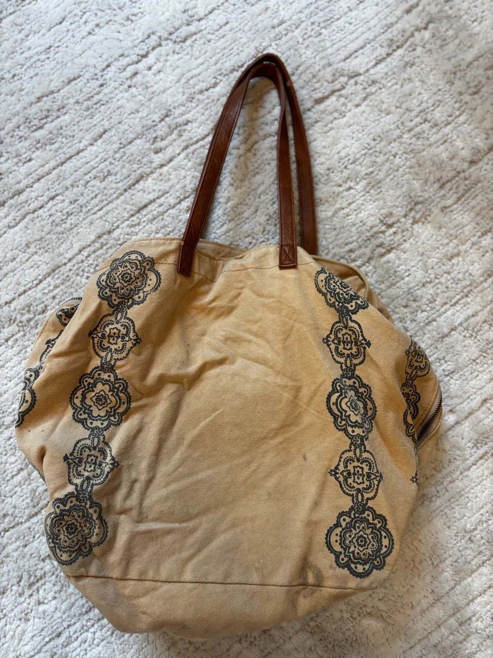 Free People Floral Tote Bag Tan Canvas Leather Handles